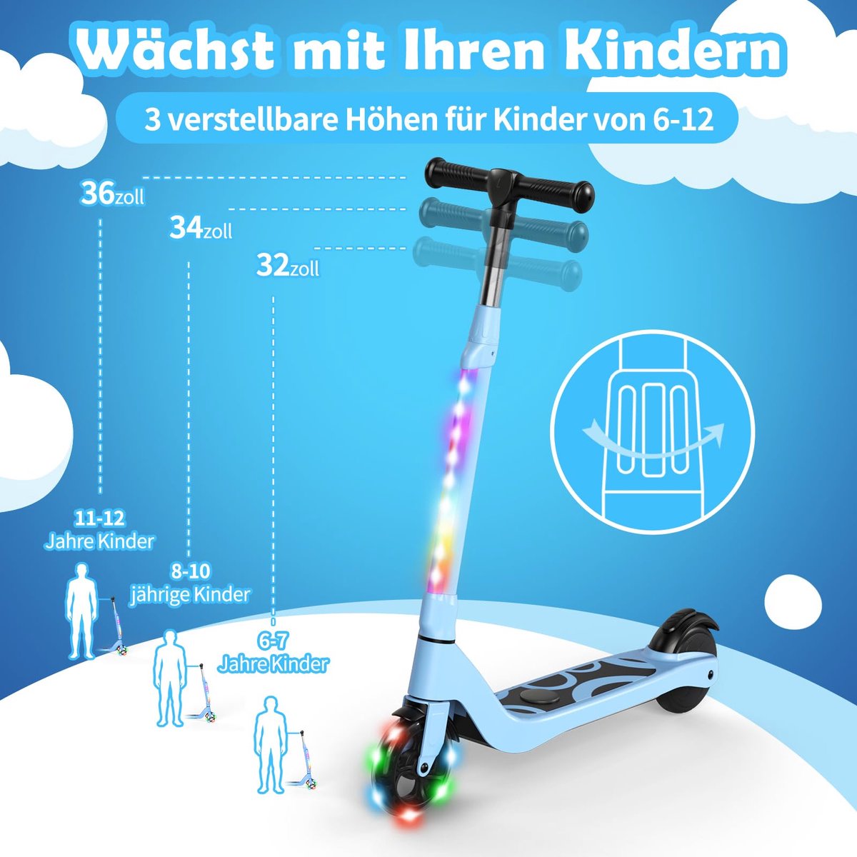 SnelShoppen - SISIGAD E-step voor Kinderen 6-12 Jaar, Elektrische Step met Knipperende LED-lampen, 3 Hoogtes, Max. 10 km/u, 45 W Motor, Tot 70 kg Step kopen online