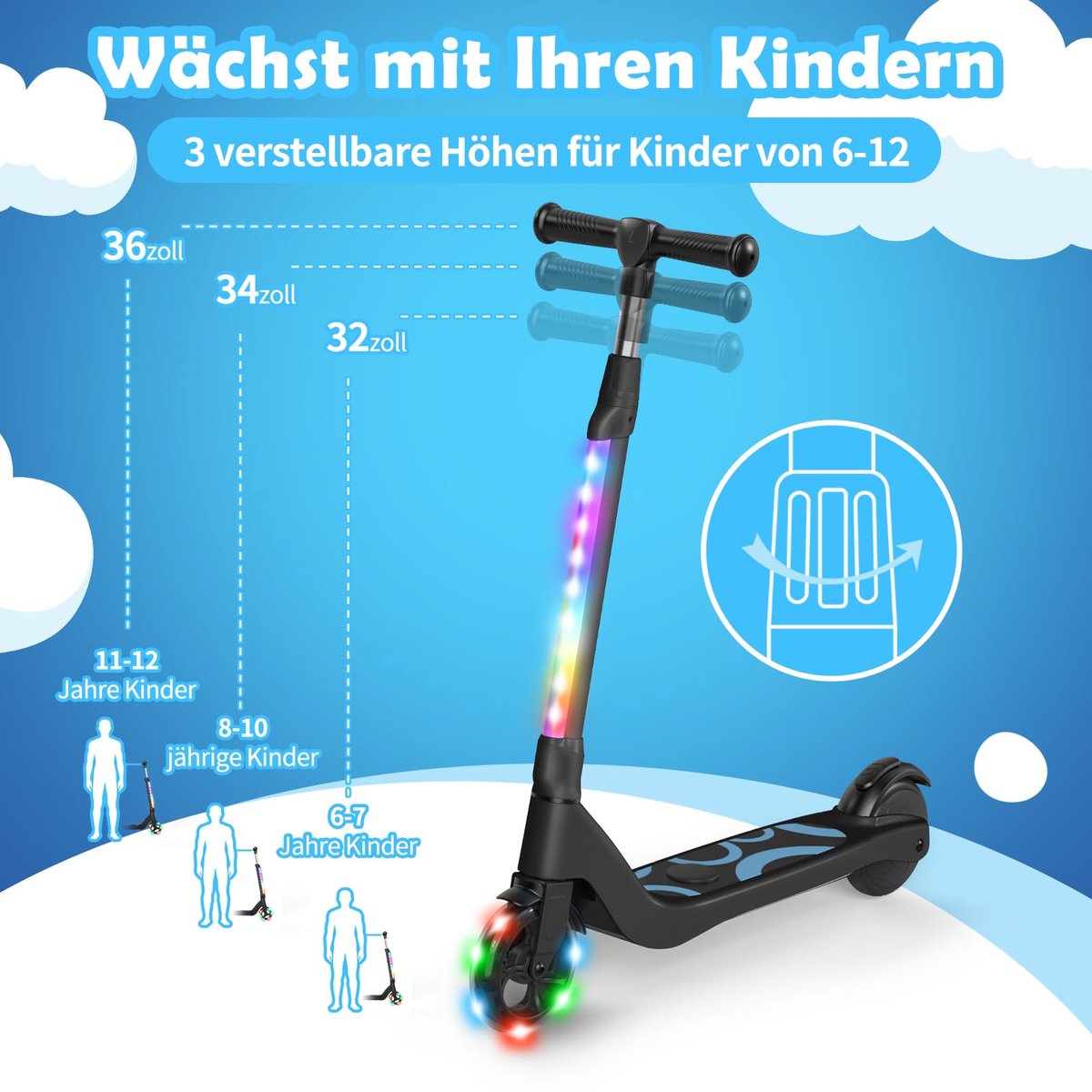 SnelShoppen - SISIGAD E-step voor Kinderen 6-12 Jaar - Elektrische Step met Knipperende LED-lampen, 3 Hoogtes, Max. 10 km/u, 45W Motor, Tot 70 kg Step kopen online