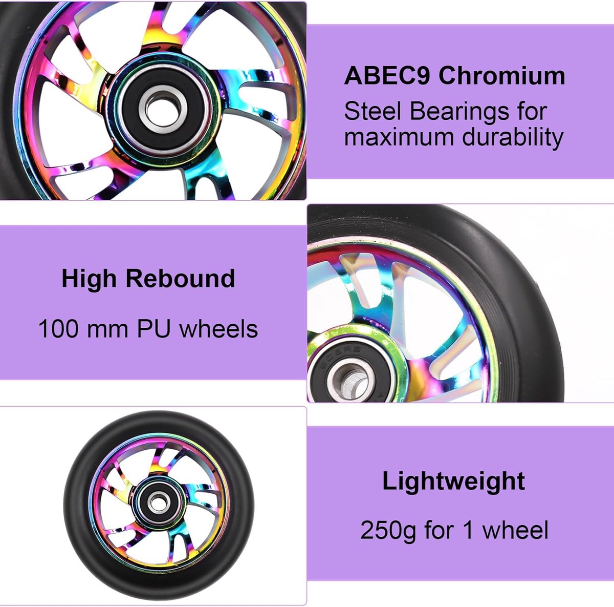 SnelShoppen - Stunt Scooter Wielen Set van 2 Vervangingswielen 100 mm met ABEC 9 Lagers, Hardheid 88A, Geschikt voor Alle Soorten Scooters - Kleurvol Step kopen online