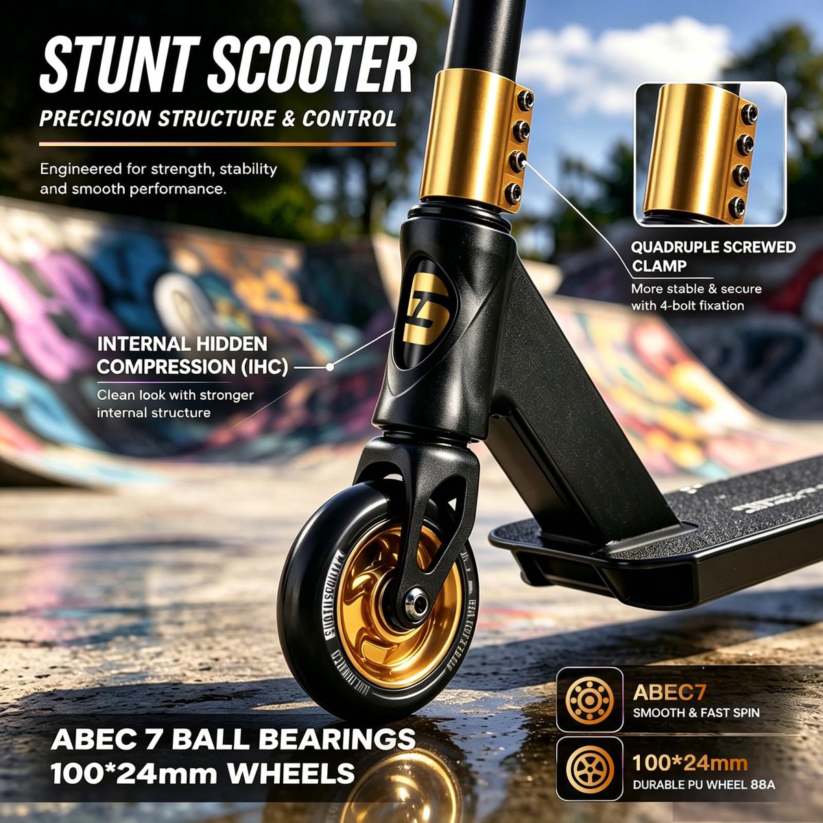SnelShoppen - Stuntstep 360° Besturing, Trick Scooter met Chroom ABEC-7 Lager, 100mm PU Wielen, Aluminium Zwart-Goud, Laadvermogen 100 kg, Voor Kinder Step kopen online