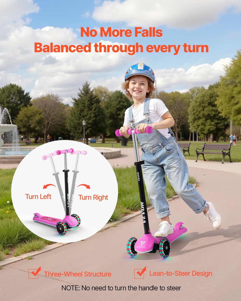 SnelShoppen - VEVOR Step voor Kinderen, 3 Wielen met Lichtgevende Wielen, Verstelbaar Stuur, Antislip Dek, Licht Aluminium Frame, Roze, Voor Jongens e Step kopen online
