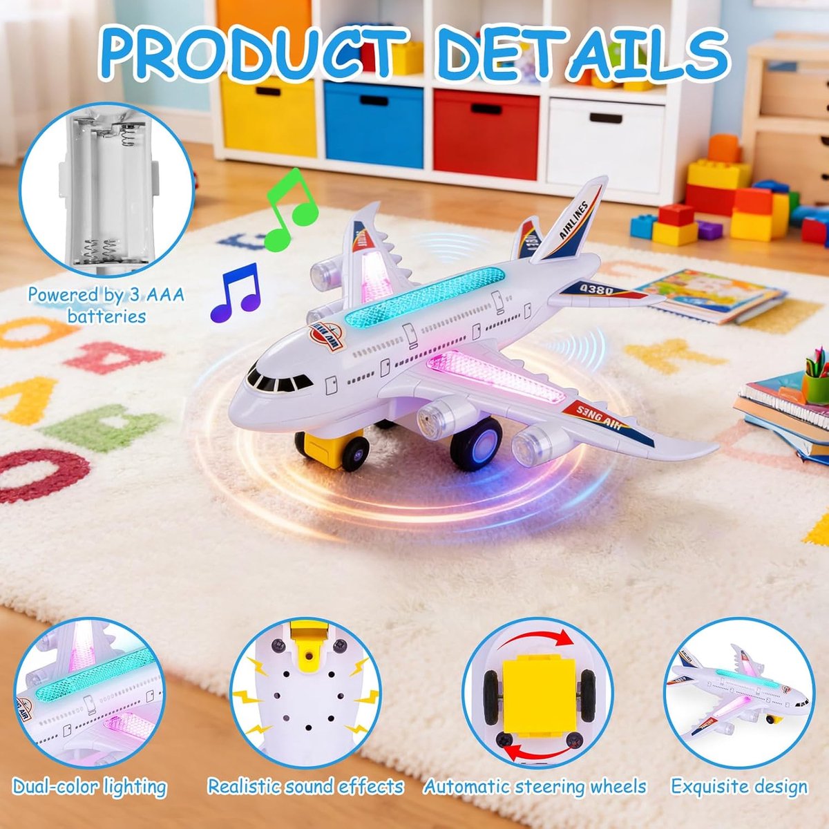 snelshoppen vliegtuigspeelgoed voor kinderen verlicht elektrisch speelgoedvliegtuig met startgeluiden en led verlichting bump and go functie p