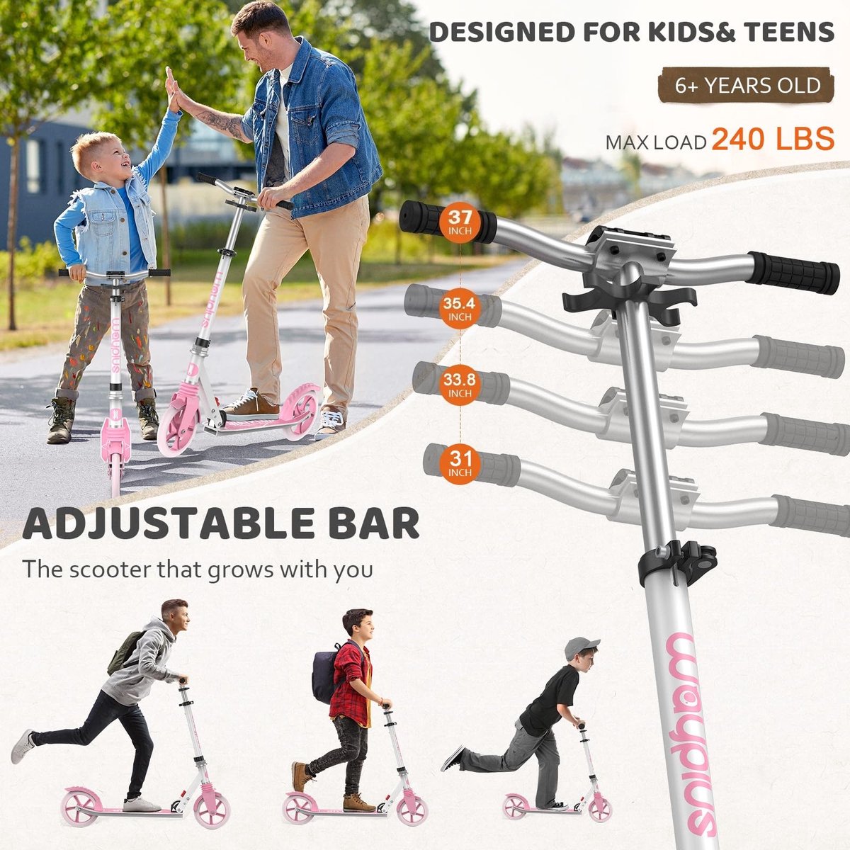 SnelShoppen - WAYPLUS Citystep voor Kinderen, Jongeren en Volwassenen - Inklapbaar, Lichtgewicht, Verstelbaar, Roze, Max. Belastbaarheid 108 kg, 205 m Step kopen online