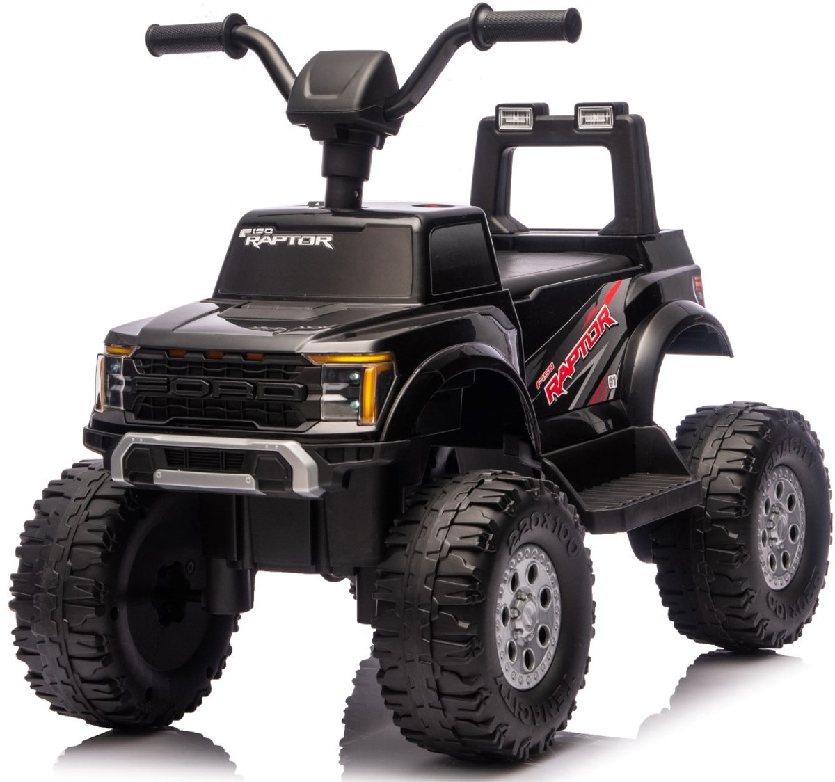 sun baby ford raptor f150 elektrische kinderauto accuvoertuig 12v led verlichting terreinbanden opbergruimte zwart