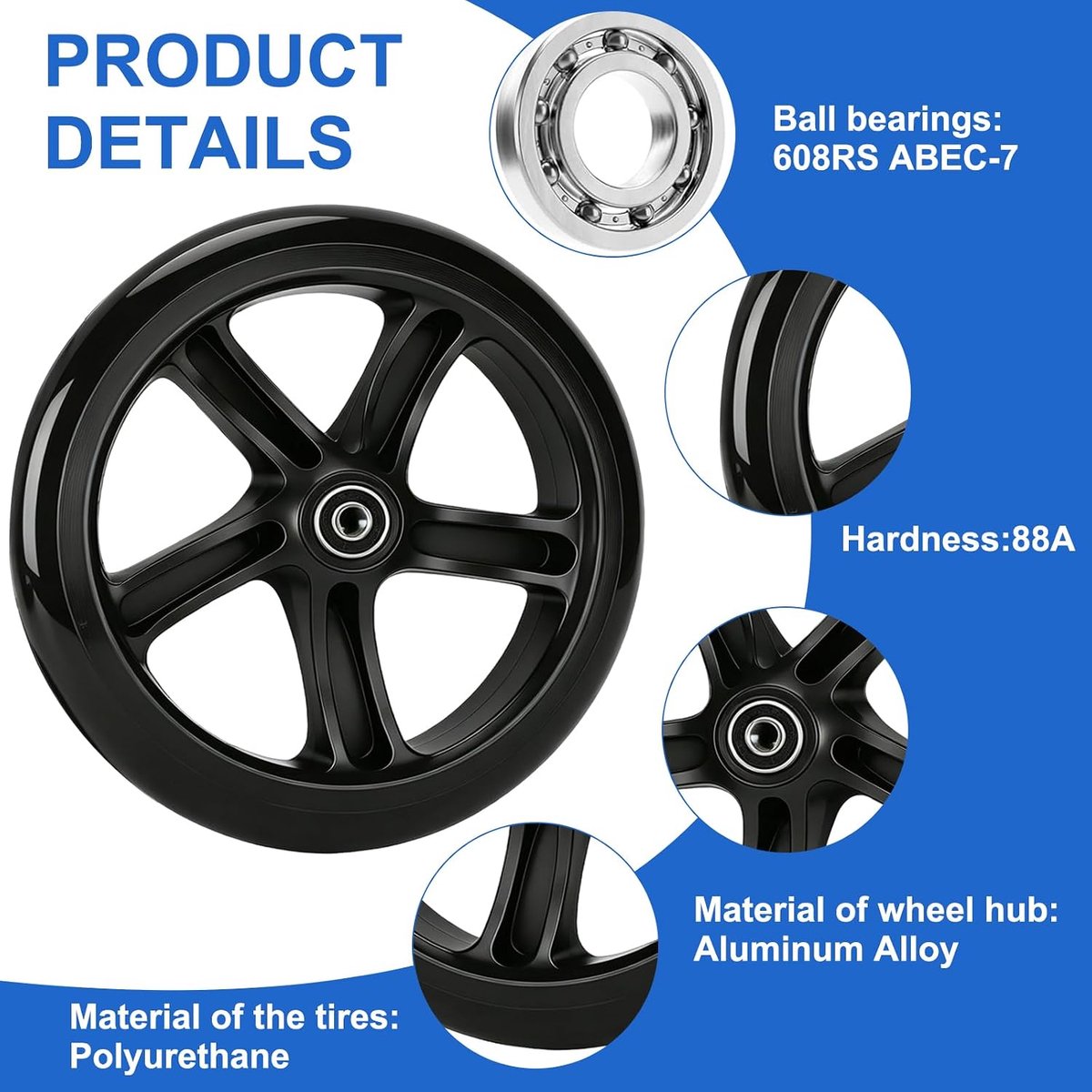 thijox 2 stuks 200 mm scooterwielen met abec 9 lagers antislip pu wielen hardheid 88a stuntstep reservewielen voor citystep en kickscooter zwart
