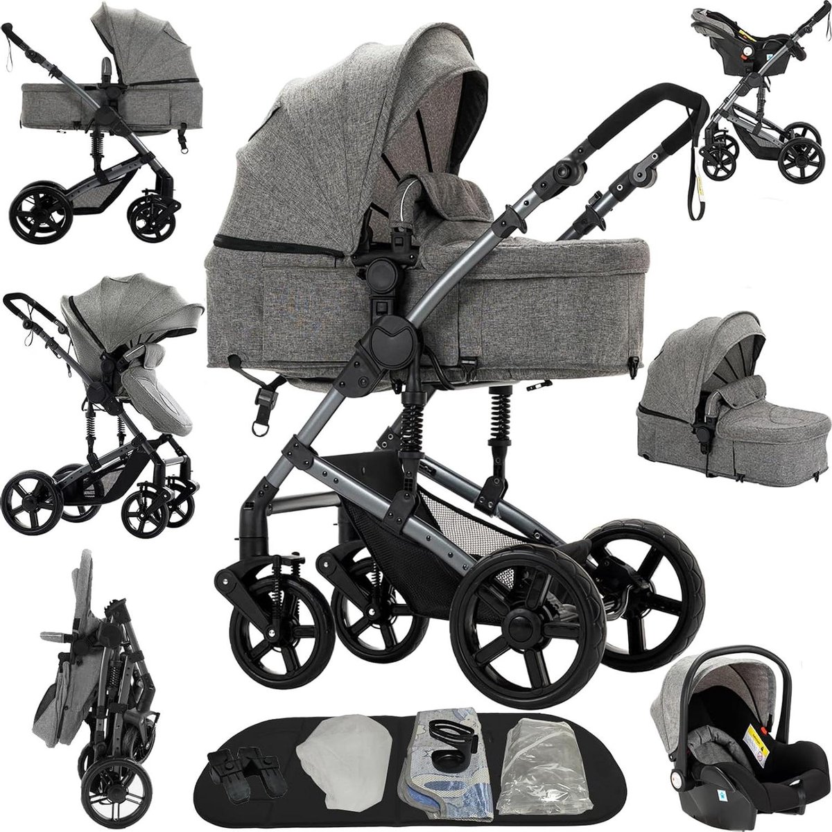 Trio Kinderwagen - 3-in-1 Reiswieg - Baby Vervoeren - Dubbele Duwopties - 82 x 61 x 105 cm - Grijs Driewieler kopen online
