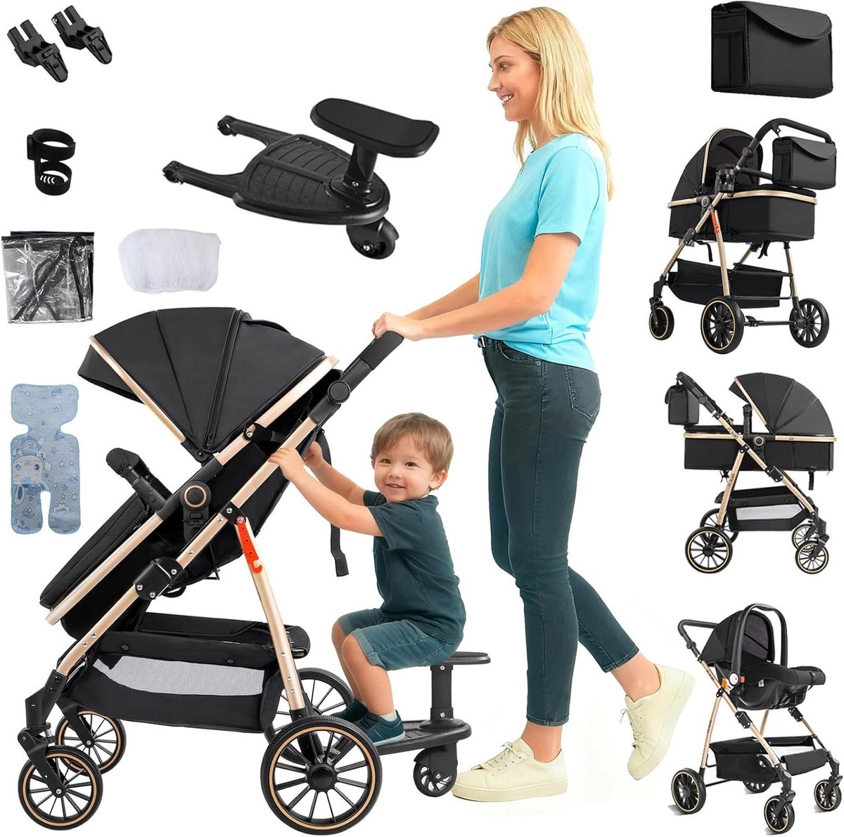 Trio kinderwagen - 3-in-1 reiswieg - Veilig vervoer - Omkeerbare duwrichting - 82 x 61 x 105 cm - Zwart goud Driewieler kopen online