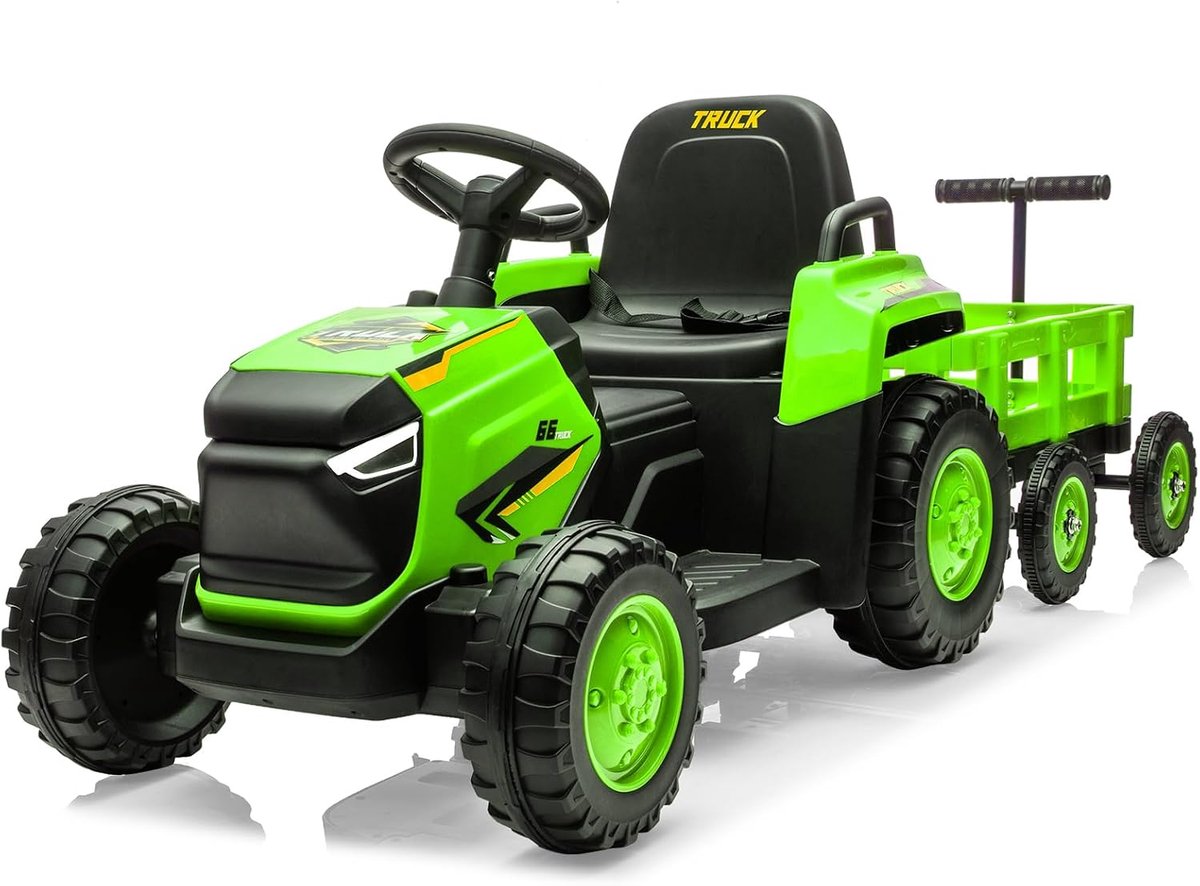 triumpunpre elektrische kindertractor 12v met afneembare aanhanger 8 wielige tractor met afstandsbediening led koplampen muziek vanaf 3 jaar groen