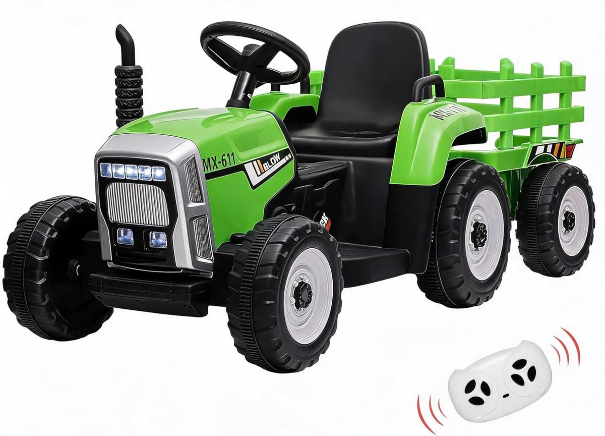 triumpunpre elektrische kindertractor met aanhanger 12v met afstandsbediening led koplampen en muziek tractor voor jongens en meisjes vanaf 3 jaar groen