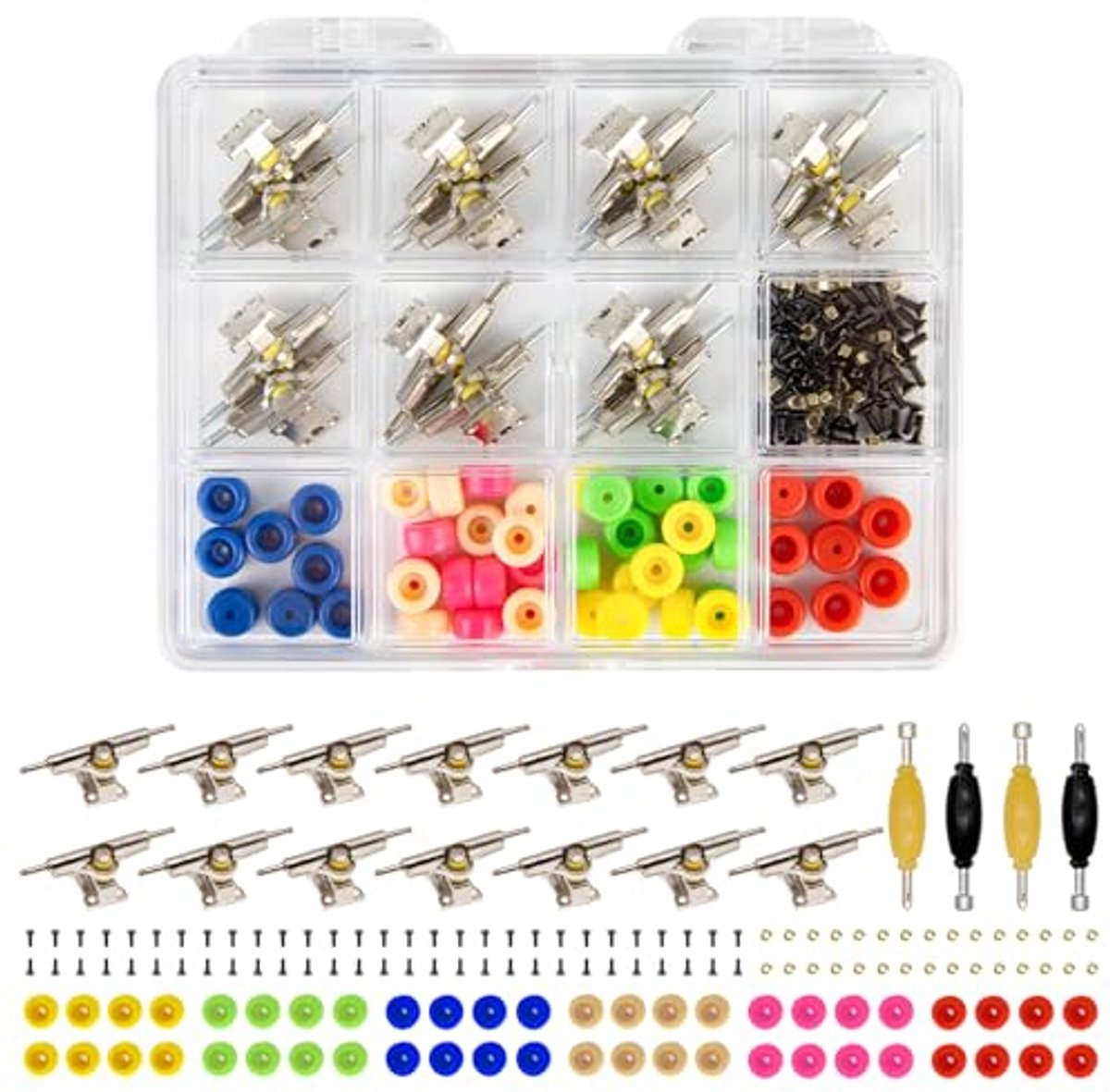 Vingerboard Reparatieset - Mini Skateboard Onderdelen - Doe-het-zelf Plezier - Inclusief Gereedschap - 14 Beugels 48 Wielen - Veelkleurig Skateonderdeel kopen online