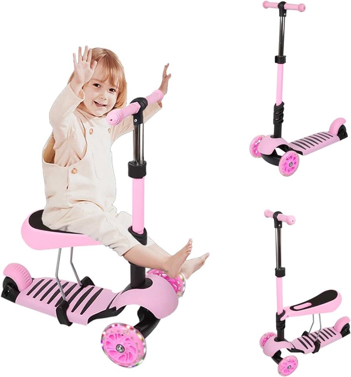 2-in-1 driewieler step met zitting voor 3-8 jaar, scooter, kinderstep met 3 lichtgevende wielen, opvouwbare kinderstep met verstelbare hoogte, maximale belasting 50 kg (roze) Driewieler kopen online
