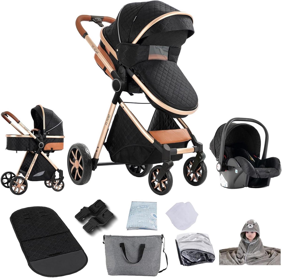 3 in 1 kinderwagen draagbaar babybadje veilig vervoer omkeerbare schuifrichting opvouwbaar zwart
