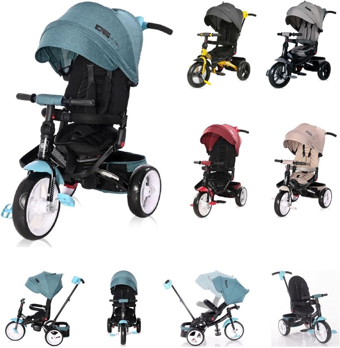 4 in 1 kinderdriewieler met duwstang en zitting rotatie