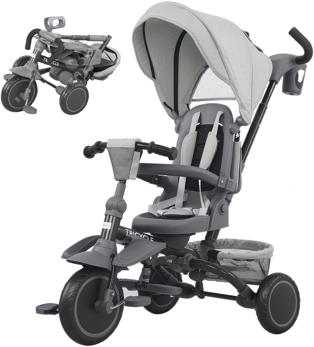 6-in-1 converteerbare babydriewieler - Opvouwbare kinderdriewieler met verstelbare duwstang voor ouders - 360° draaibare zitting - Grijs Driewieler kopen online