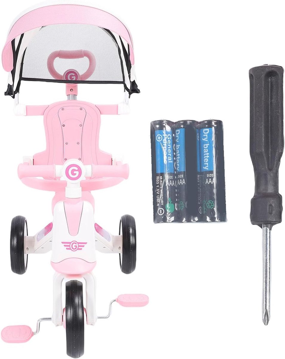 babydriewieler met duwhandgreep peuter trike kindertrike buiten spelen opvouwbare luifel muzieklicht