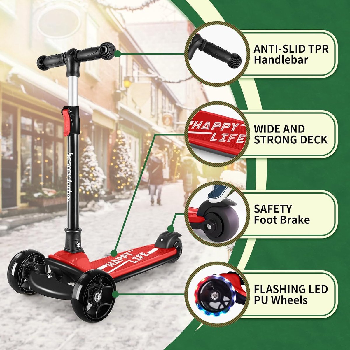 besrey Big Wheels Kinderstep, opvouwbare step met knipperende ledverlichting voor jongens en meisjes, 4 standen in - ShopVlot Step kopen online