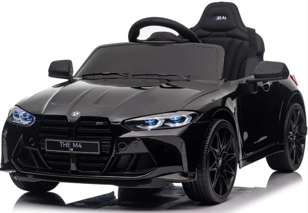 bmw m4 elektrische kinderauto zwart 12v licentie auto met afstandsbediening bluetooth eva banden verlichting en openslaande deuren kinderauto 12v