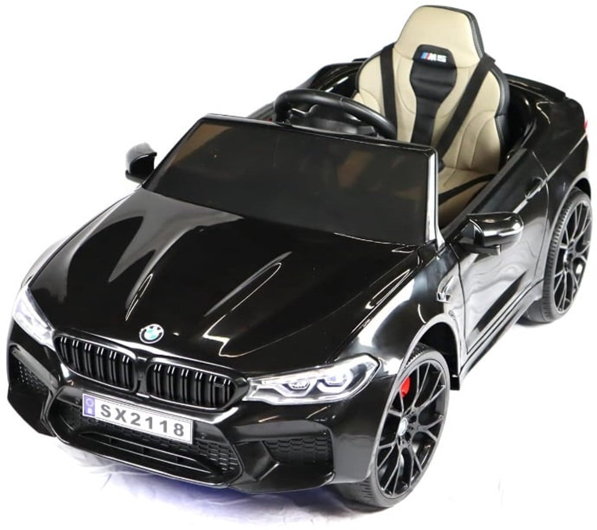 BMW M5 elektrische kinderauto zwart - 24V - licentie auto - met afstandsbediening, EVA banden, verlichting, 5 punts gordel, lederlook stoeltje en openslaande deuren - kinderauto 24V Speelgoedaccuvoertuig kopen online