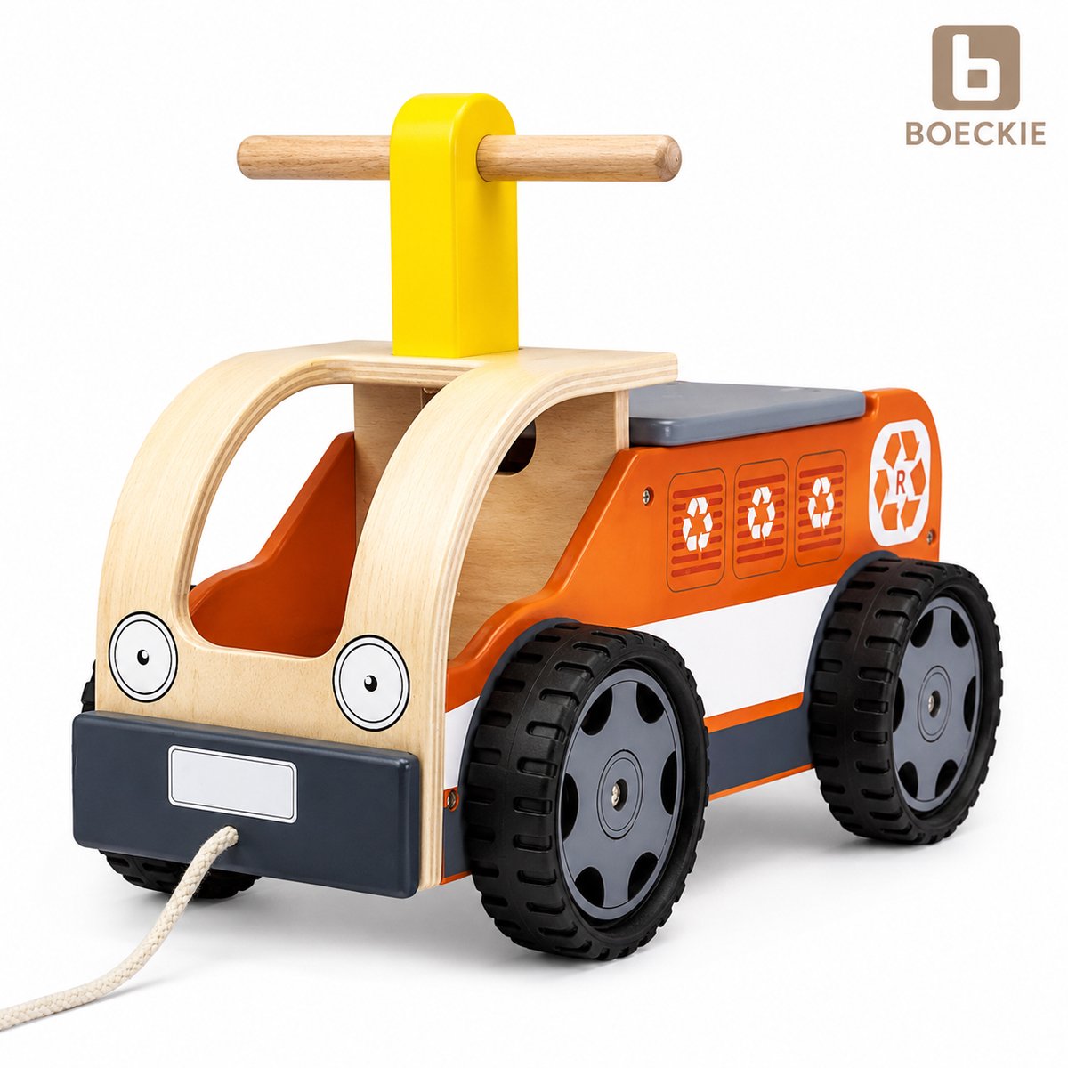boeckie houten loopauto recyclingwagen houten loopwagen duwauto rubberen wielen vanaf 18 maanden 48 cm