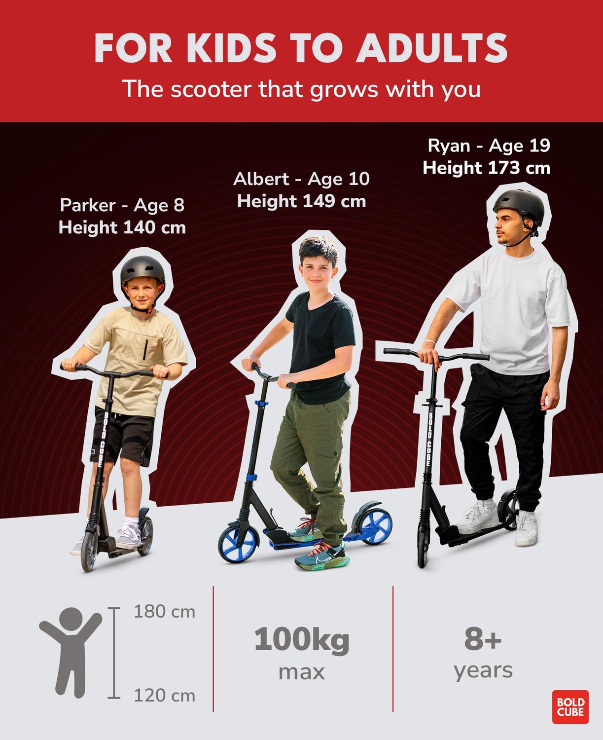 BOLDCUBE Big 2 Wheeler step voor kinderen en jongeren vanaf 7 jaar, voorvering verstelbaar van 86 tot 111 cm, bordeaux - ShopVlot Step kopen online