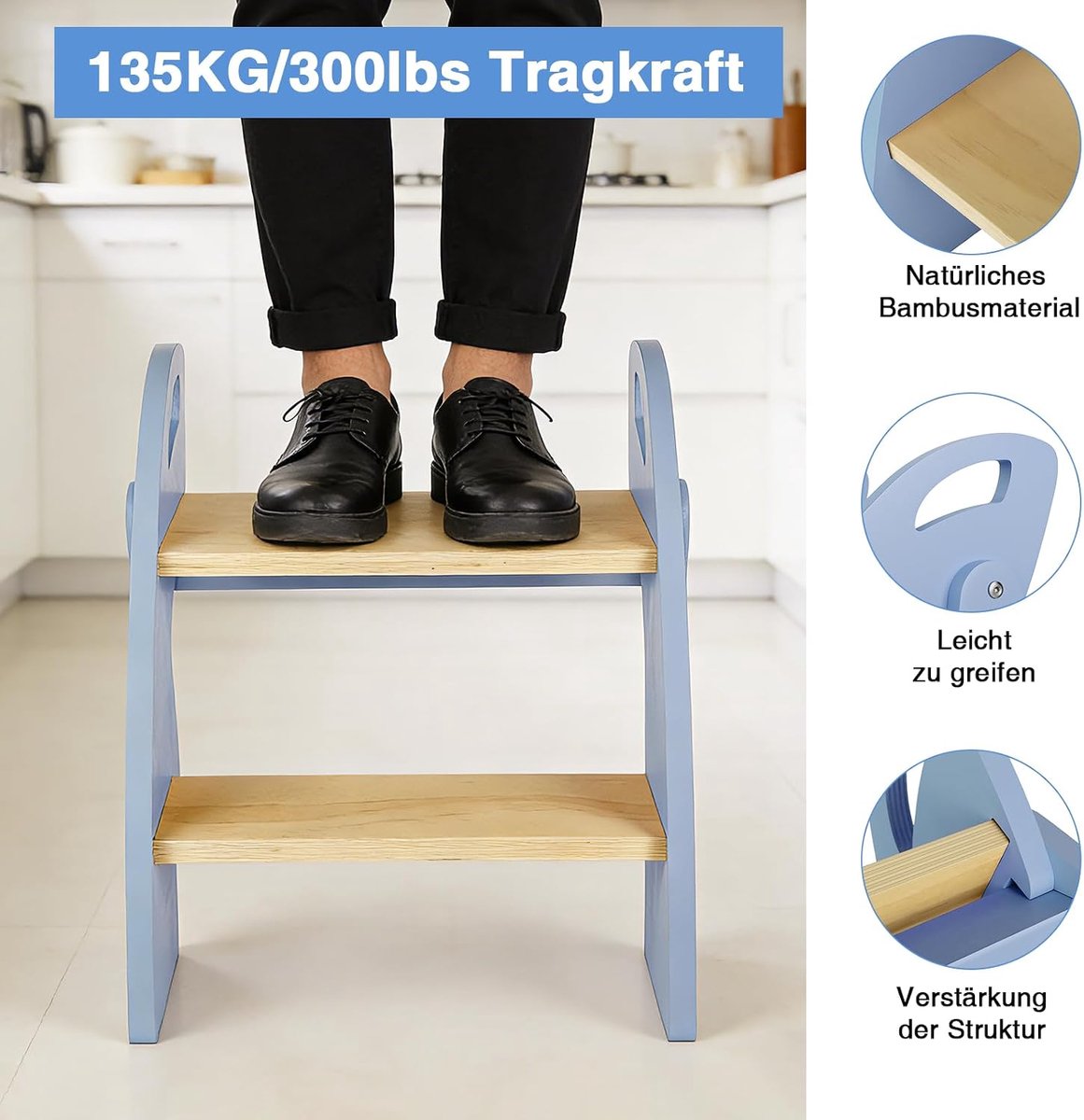 Children's Step Stool, Folding Step Step with 2 Steps, Wooden Stepladder for Bathroom and Kitchen (Blue) - ShopVlot Step kopen online