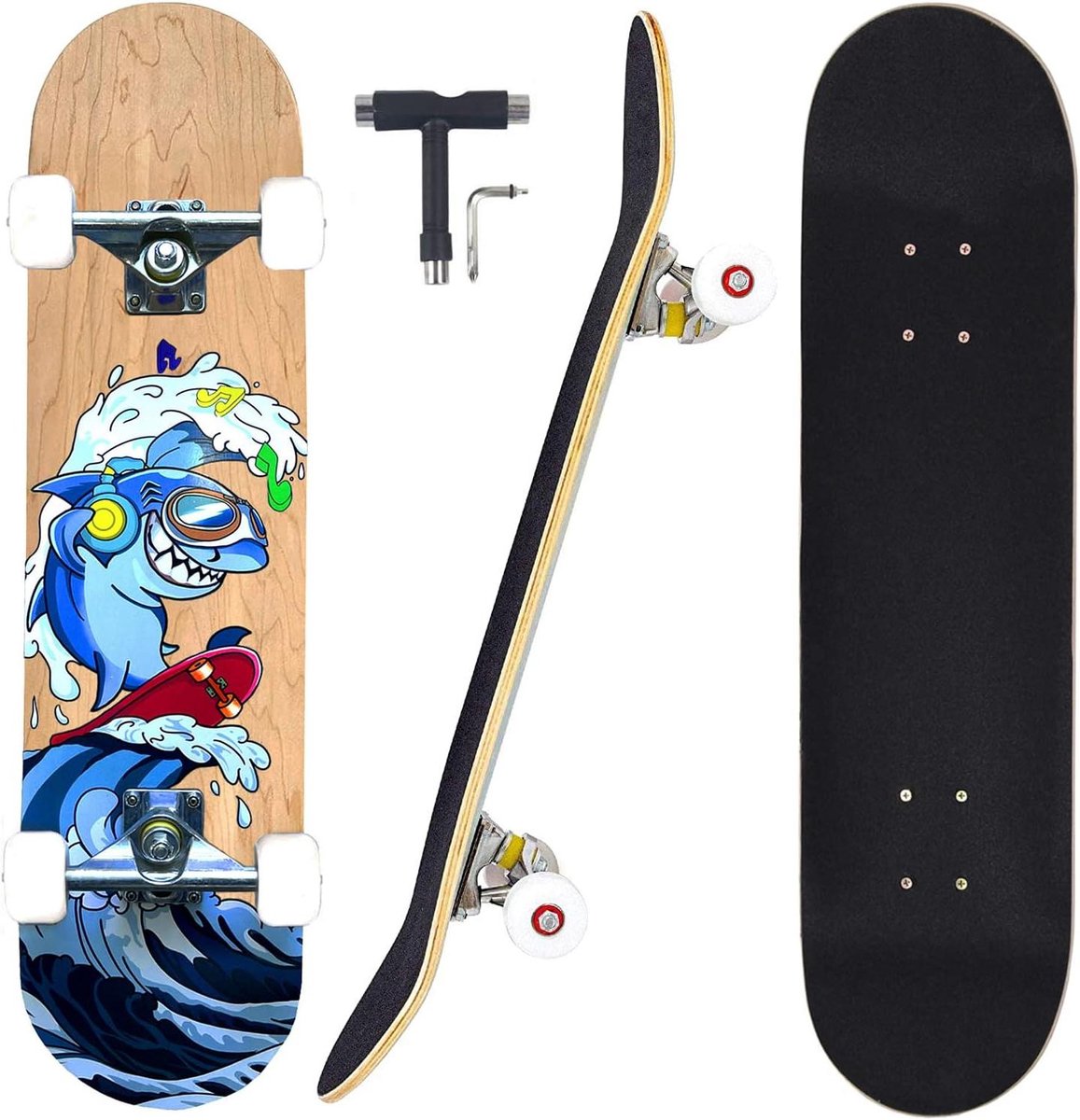 Compleet Skateboard - Longboard Esdoorn - Straat Cruisen - Dubbel Kick Concave - 31 Inch - Haai Design Skateonderdeel kopen online