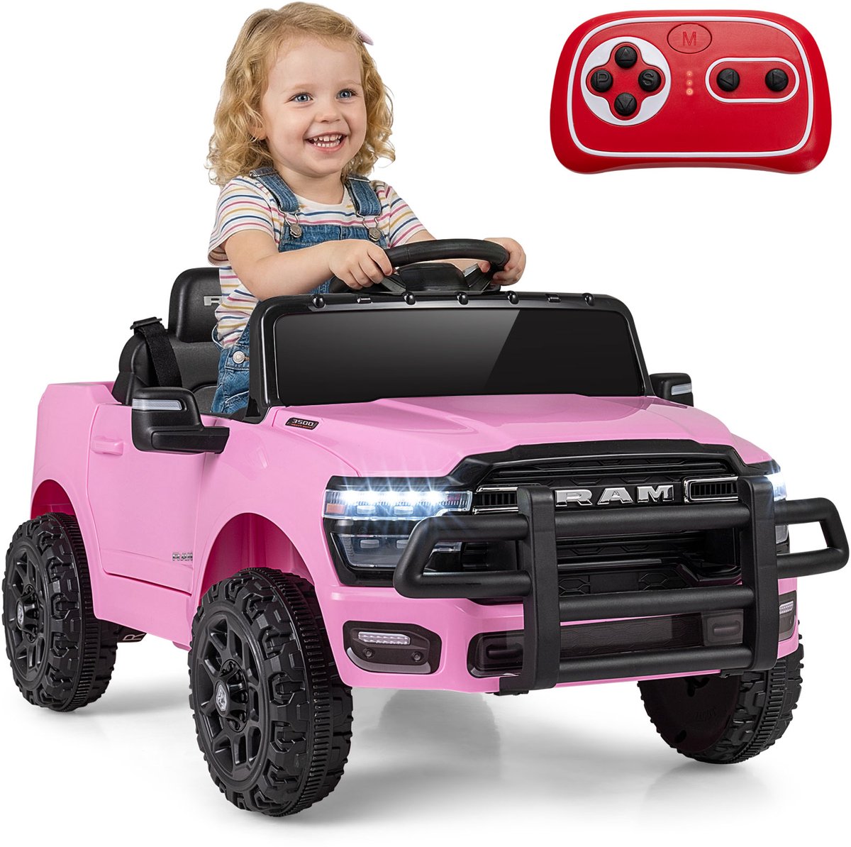 costway 12 v elektrische auto kinderauto ram voor vanaf 3 jaar roze