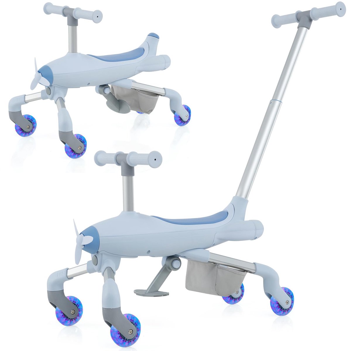 costway 2 in 1 duwauto voor kinderen duwauto met vliegtuigthema met led verlichte wielen afneembare en verstelbare handgreep blauw