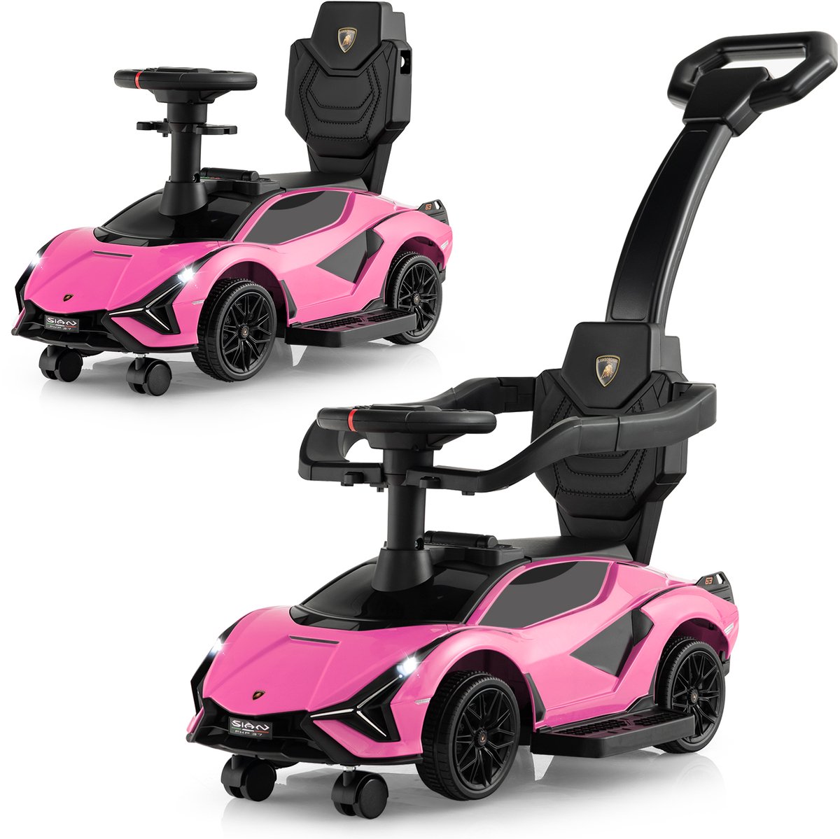 COSTWAY Lamborghini 3-in-1 glijauto, schuifauto met koplampen, muziek en opbergruimte, glijvoertuig met afneembare duwstang en universele wielen, glijbaan voor kinderen vanaf 1 jaar (roze) Loopfiets kopen online
