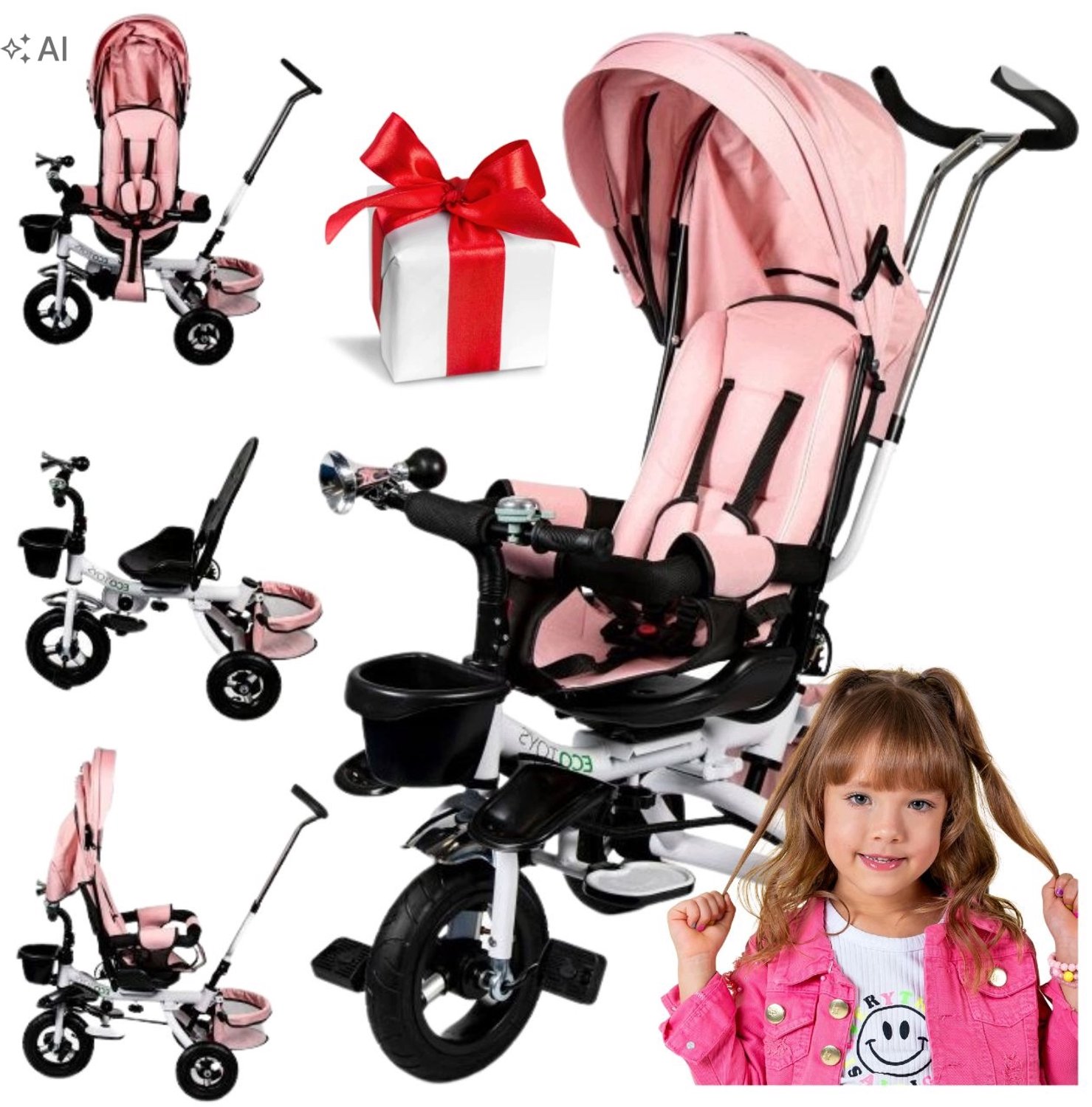 driewieler kinderfiets met draaibare zitting en duwstang