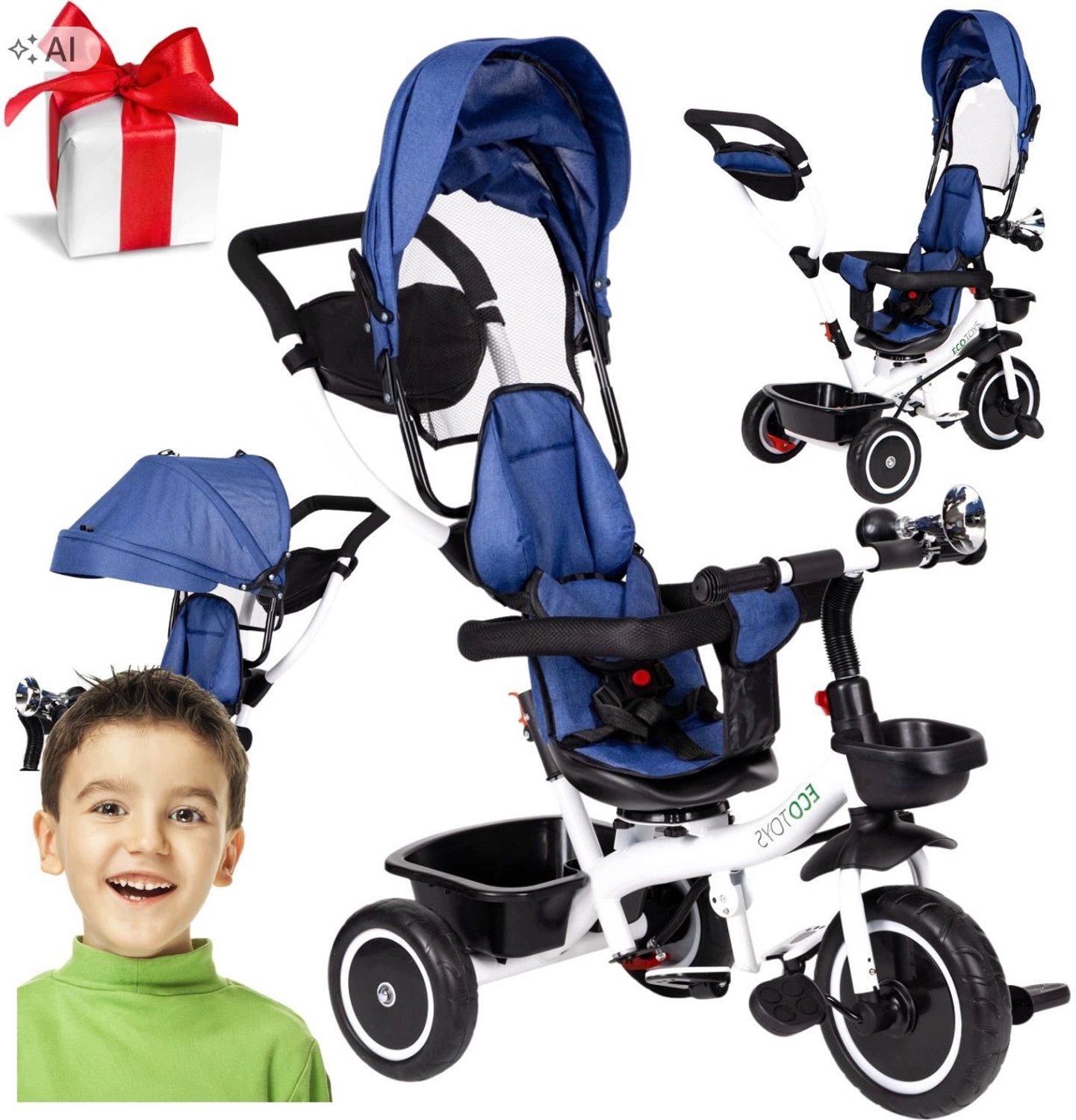Driewieler Kinderfiets met Duwstang, Zonnekap en 360° Stoel Driewieler kopen online