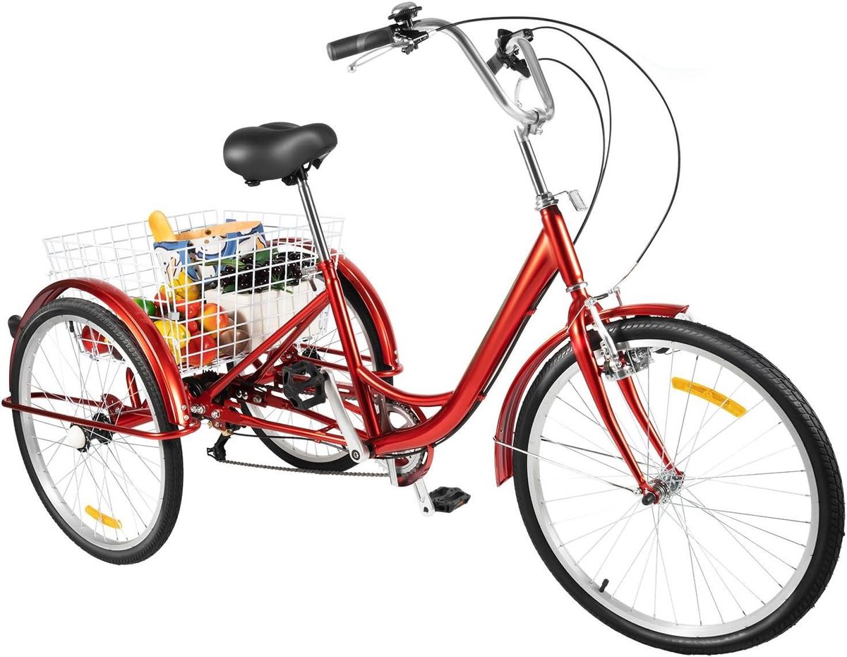 Driewieler voor volwassenen - Boodschappenfiets Senioren - Boodschappen doen - Stabiel stalen frame - 24 inch - Rood Driewieler kopen online