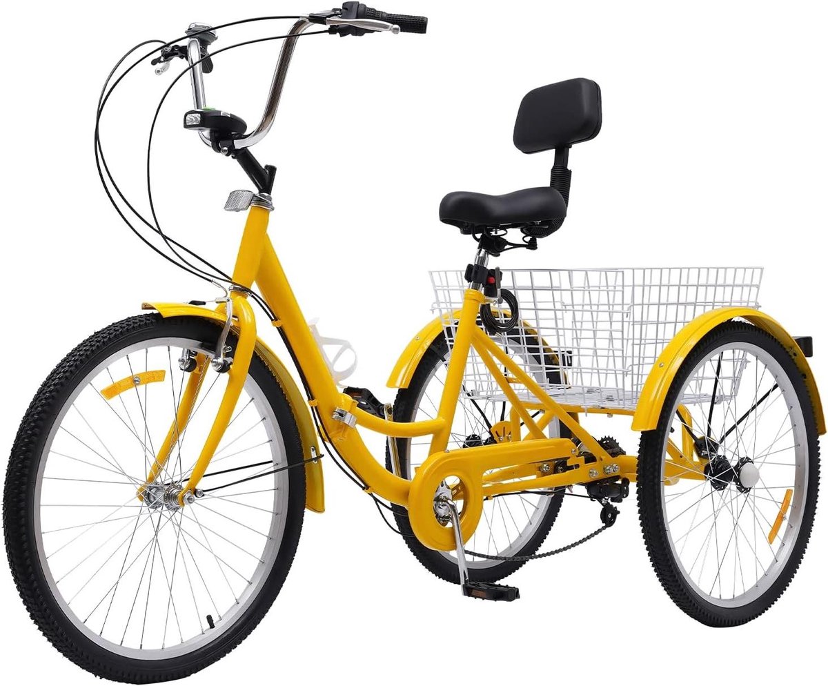 driewieler voor volwassenen driewiel fiets boodschappen doen met mand en led 24 inch geel