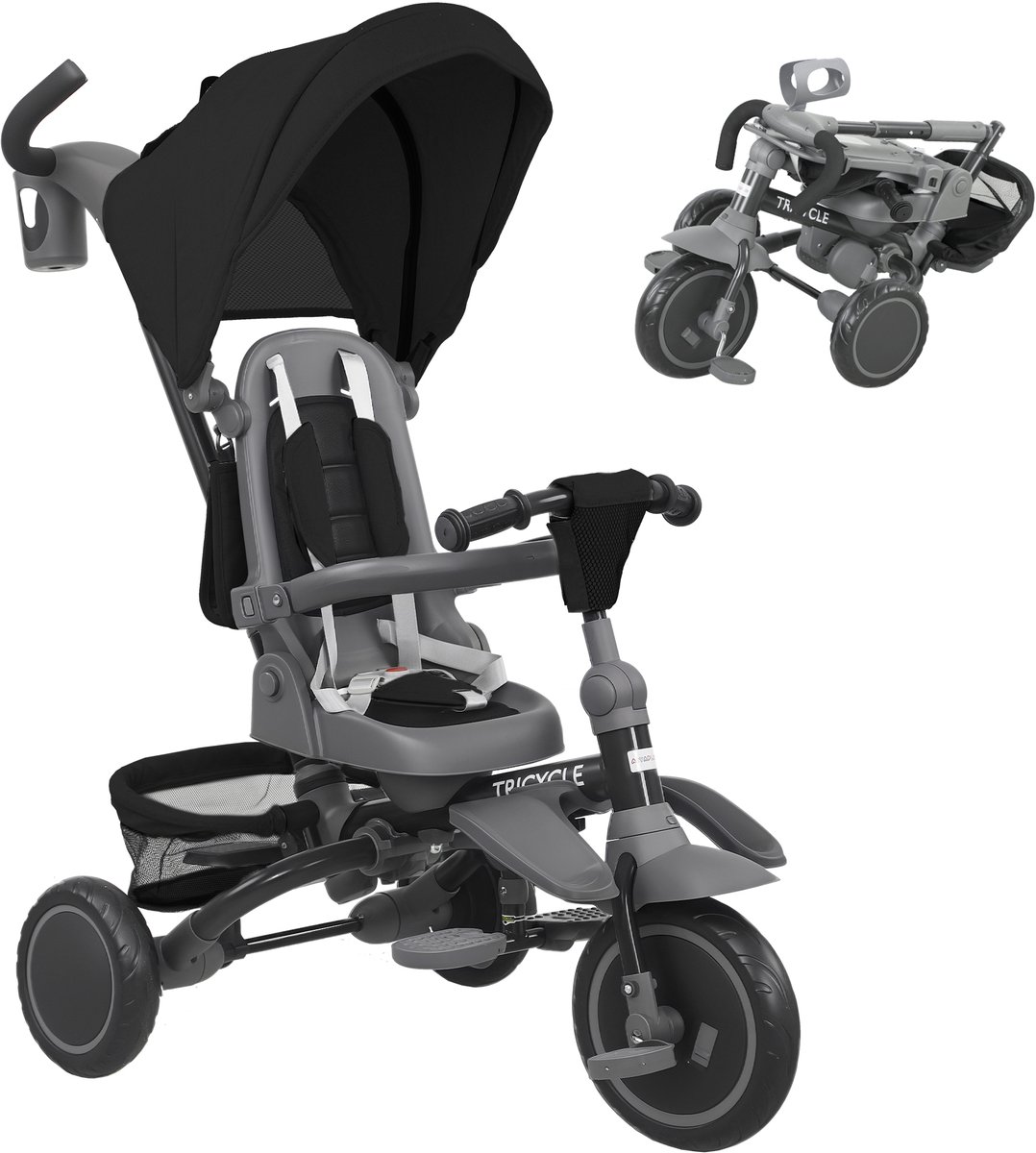 ECTEATOY® 6-in-1 Driewieler voor Kinderen - Met Duwstang en Draaibaar Zitje - Opvouwbaar - 111,5x52x98 cm - Zwart Driewieler kopen online