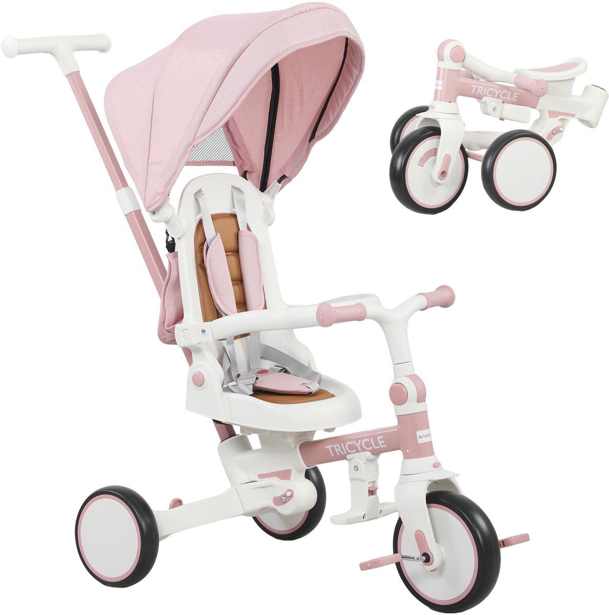 ECTEATOY® Driewieler 5-in-1 - Met Verstelbare Duwstang en Afneembare Zonnekap - De stoel kan 180° draaien - Opvouwbare Driewieler voor Kinderen - Roze Driewieler kopen online