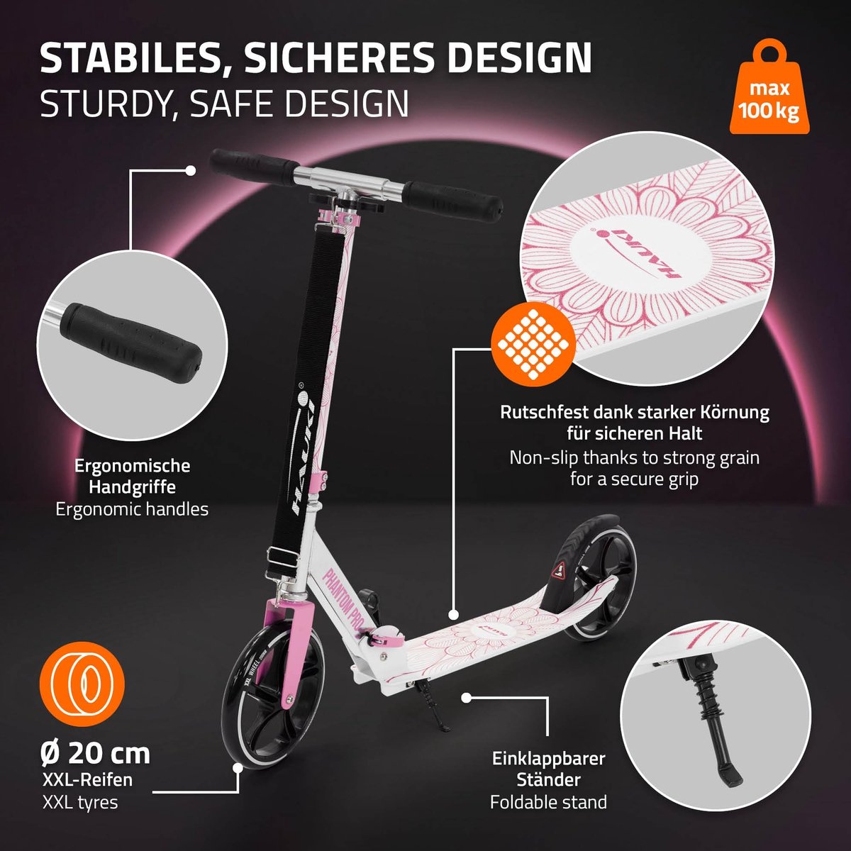 Hauki Cityroller Scooter Roze opvouwbaar verstelbaar lichtgewicht model met XXL wielen voetrem standaard draagriem - ShopVlot Step kopen online