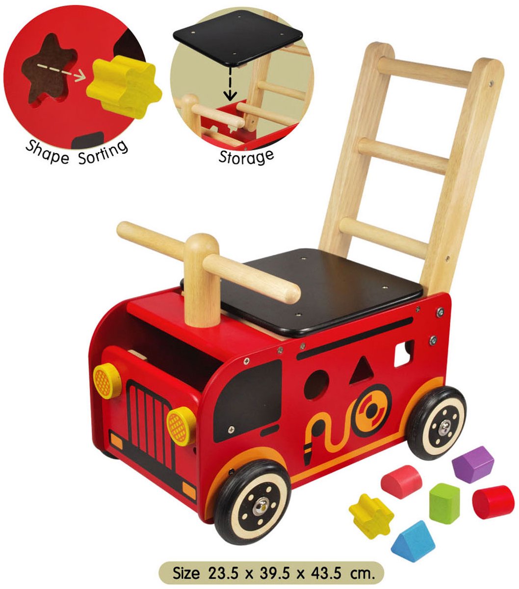 Houten loopwagen brandweer met blokken - I'm Toy Loopauto kopen online