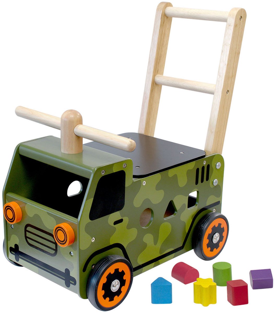 i m toy loop en duwwagen legertruck houten loopwagen vormenstoof zitwagen vanaf 18 maanden