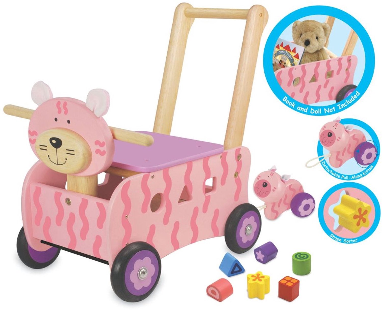 i m toy loop en duwwagen poes roze houten loopwagen met vormenstoof trekfiguur vanaf 18 maanden