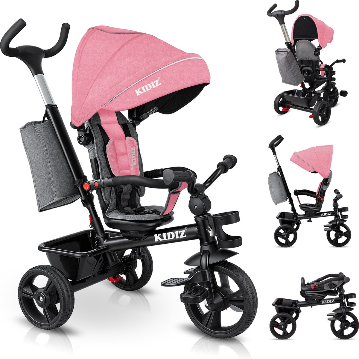KIDIZ® Loopfiets Driewieler 5in1 Kinderfiets kinderdriewielerfiets 1 jaar vooruit en achteruit Jogger , mand tas drinkhouder zonnekap rubberen wielen, buggy fiets baby opvouwbaar driewielfiets - Roze Loopfiets kopen online