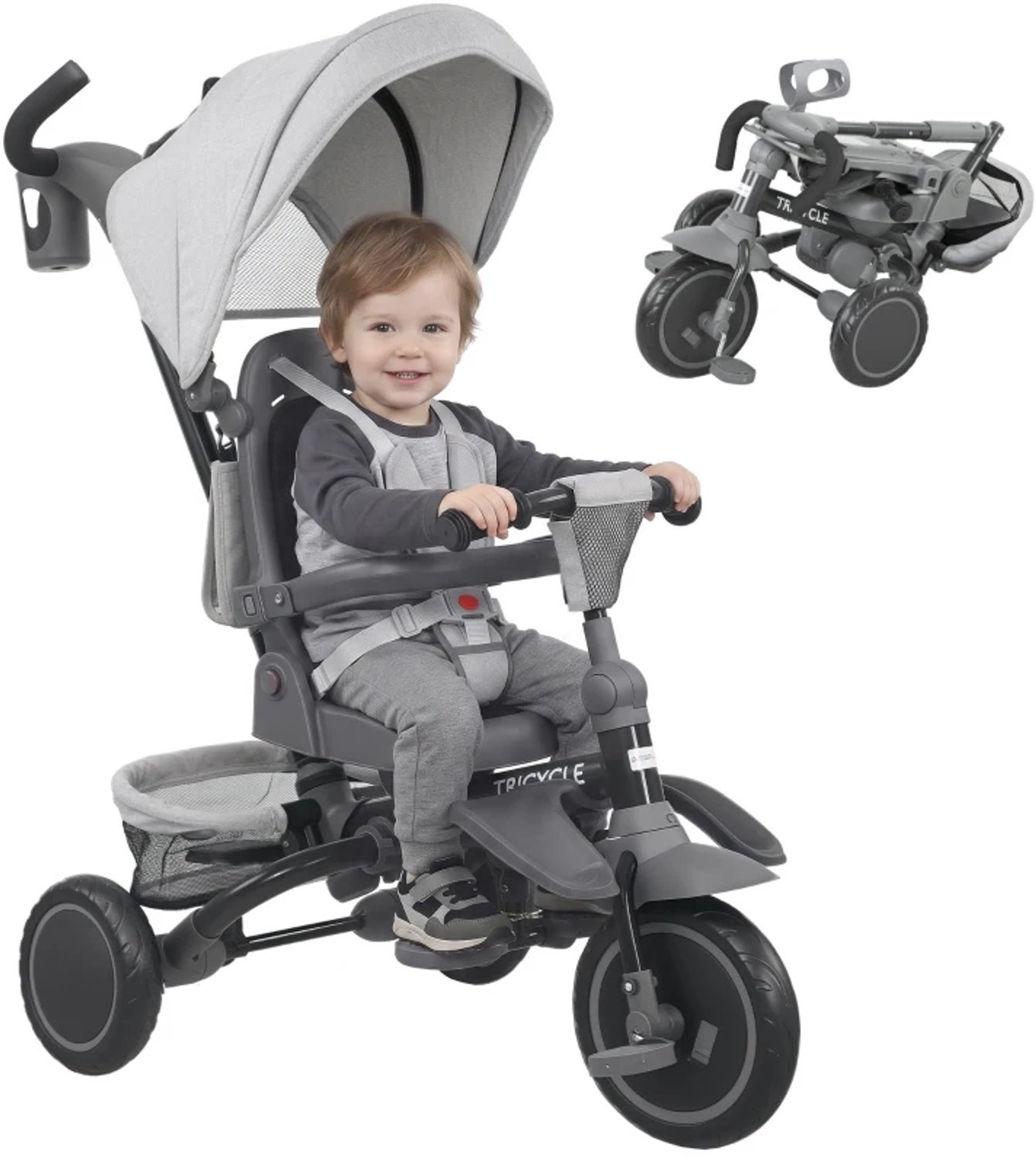 kinderdriewieler 6 in 1 peuterbuggy duwhandgreep verstelbare stoel opvouwbaar ontwerp veiligheidsnet grijs