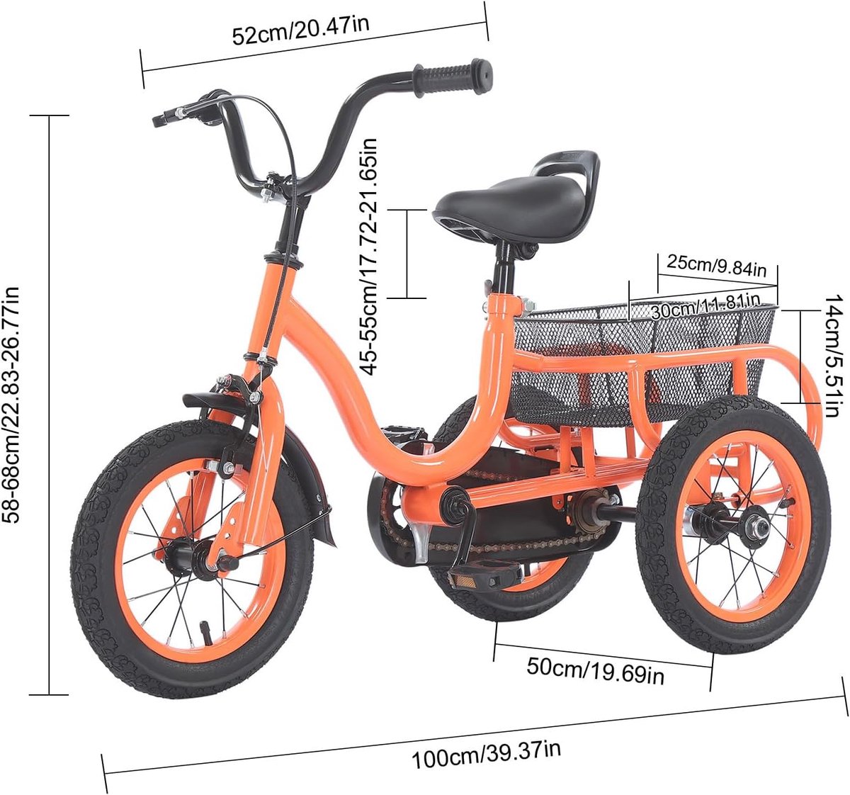 kinderdriewieler in 12 inch kinderfiets met ingangsversnelling driewieler belastbaar tot 25 kg kinderstep met antislip pedalen stabiel driewieler frame voor kinderen peuters oranje
