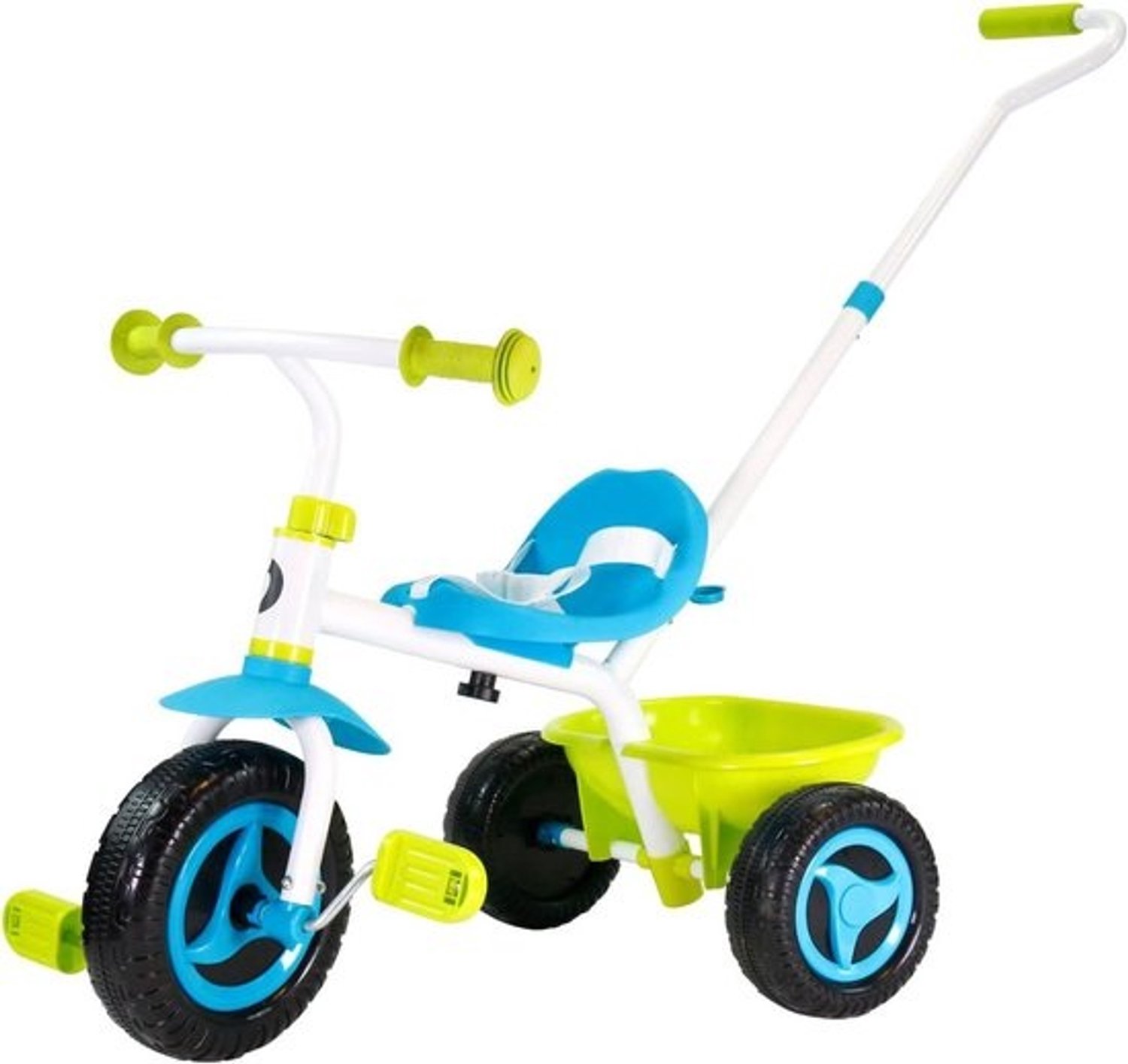 kinderdriewieler loopfiets met duwstang voor buiten spelen 2 in 1 functie 96 x 45 5 x 94 cm blauw groen
