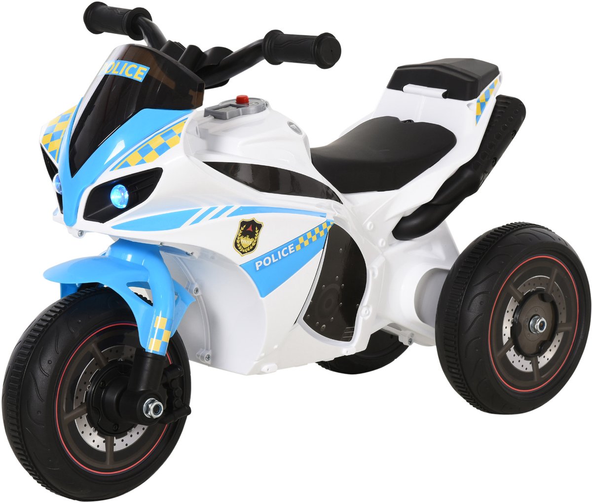 kindermotorfiets met race thema muziek en lichteffecten opbergvak blauw wit