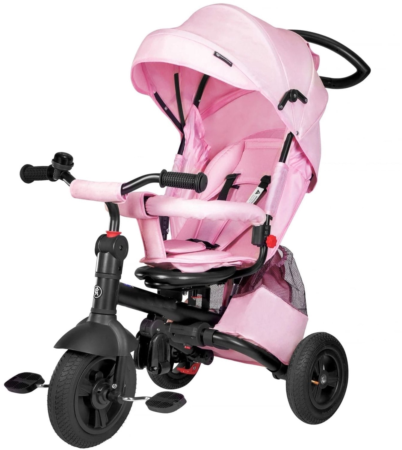 klarven kinderdriewieler roze loopfiets met duwstang push tricycle draaibare zitting veiligheidsgordel zonnekap en mand