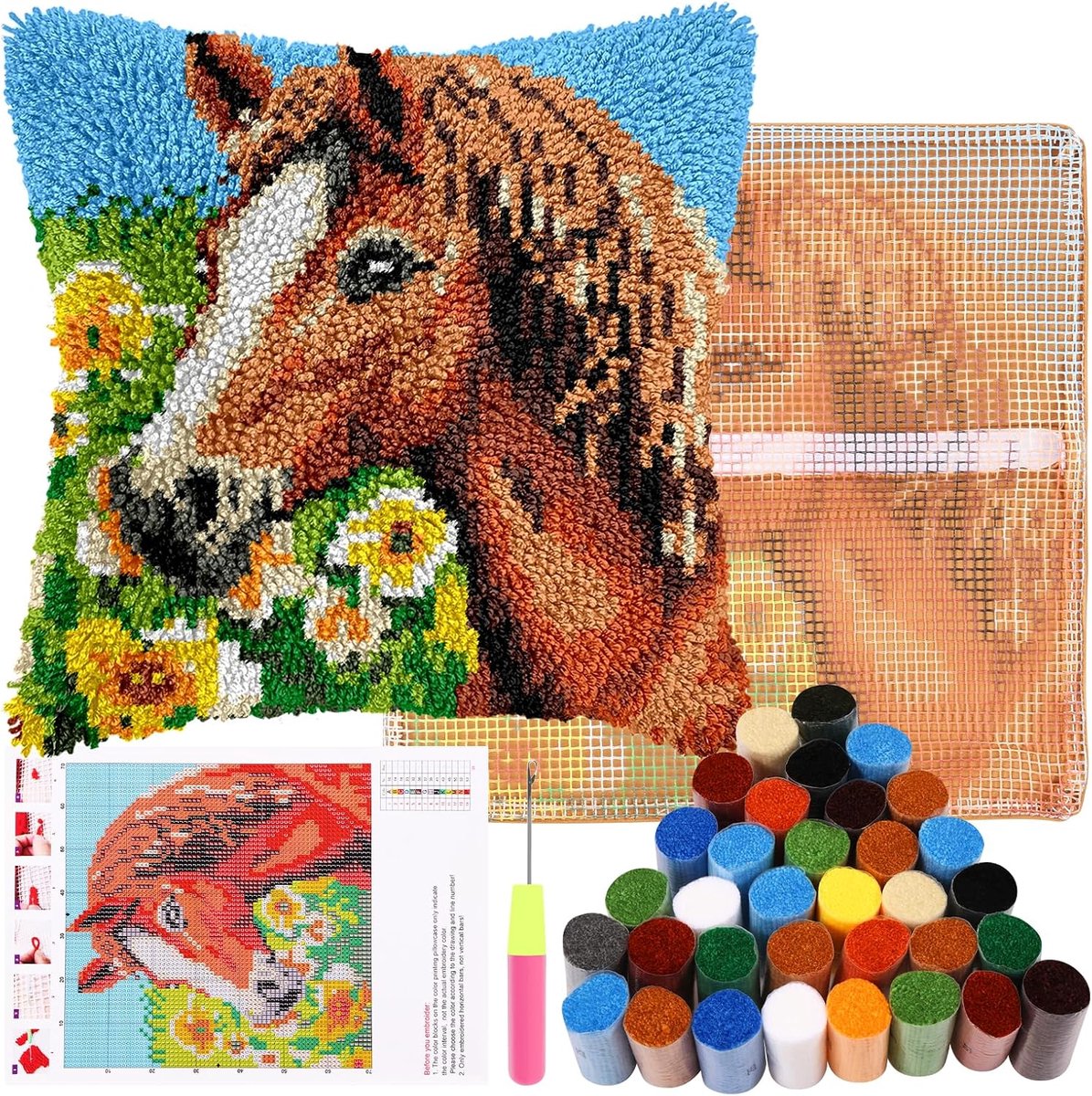 kussen sets Latch Hook kussenset voor kinderen of beginners volwassenen DIY klinkhaak kussenbeschermer tapijt borduurwerk set DIY knooptapijt knoopset voor thuis sofa decor 43x43cm (paard) Loopfiets kopen online