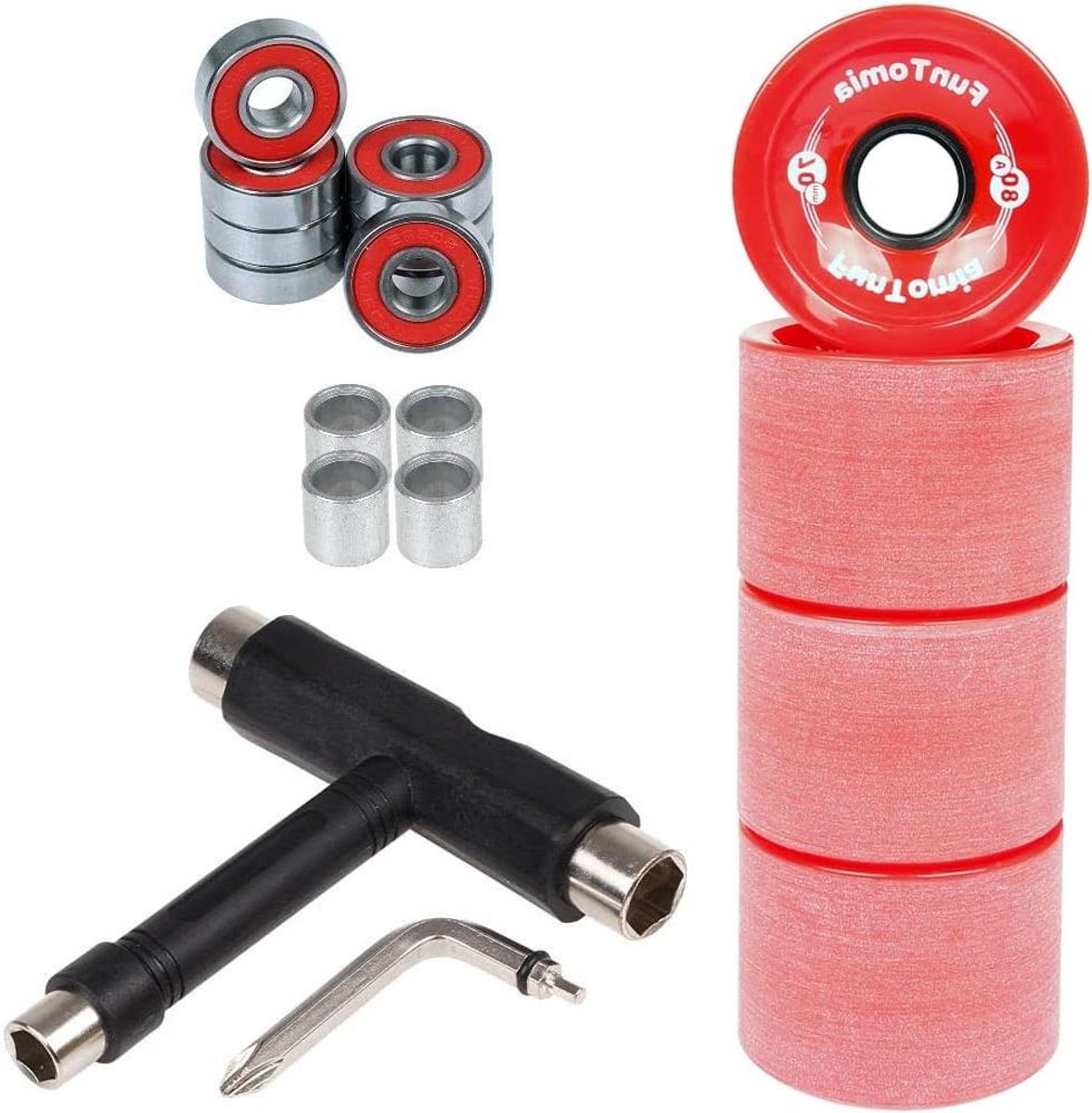longboard wielen set skateboard onderdelen cruisen en freeriden inclusief t tool 70x51mm 80a rood