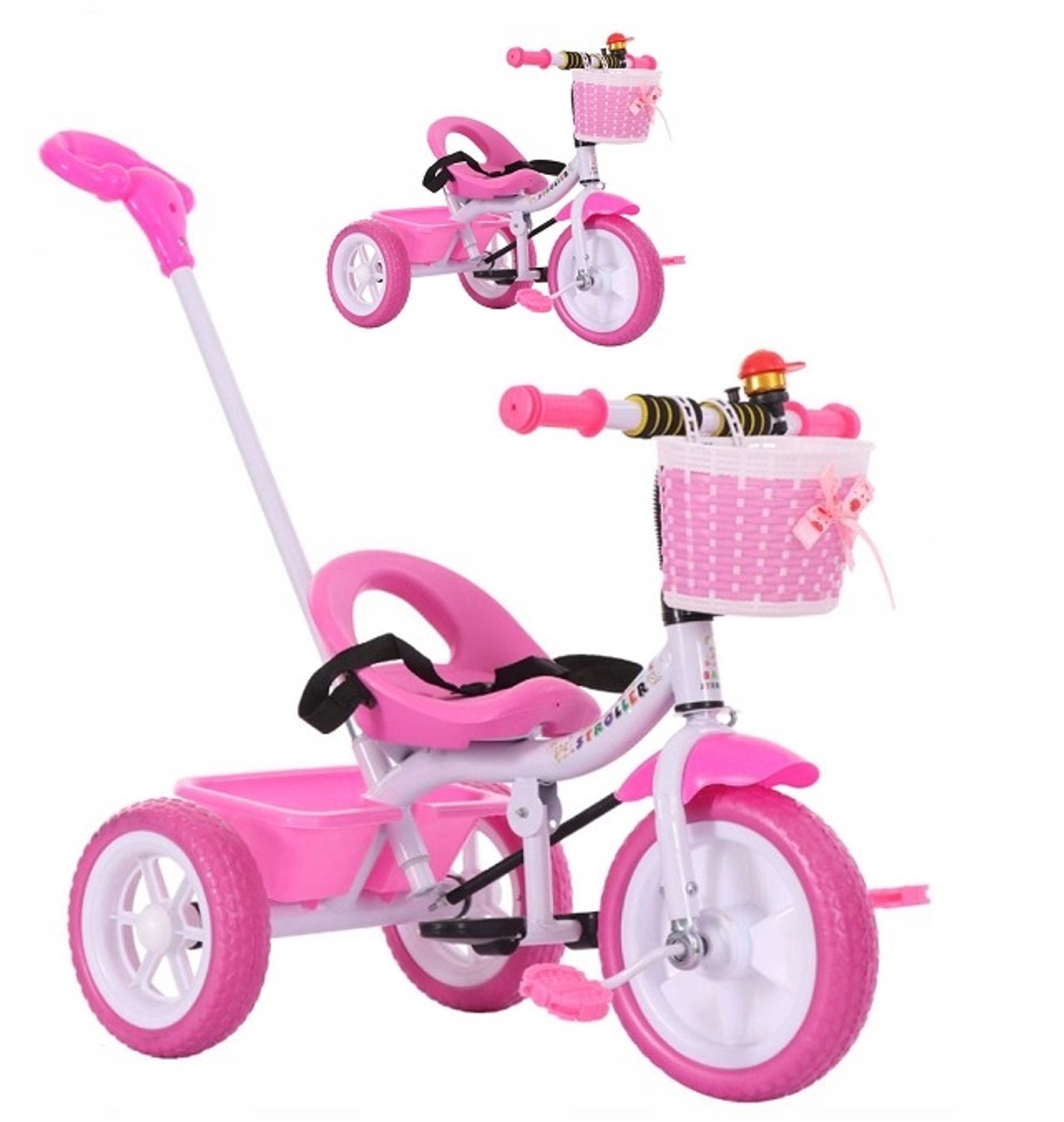loopfiets driewieler met duwstang roze wit