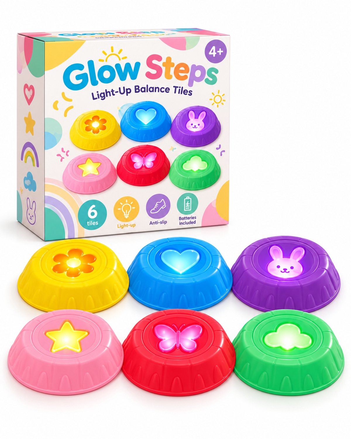 MAISON AYA Glow Steps – Lichtgevende Balance Tiles voor Kinderen | 6 Anti-Slip Stapstenen met LED-verlichting | Actief Evenwichtsspel | Inclusief Batterijen | 4+ Step kopen online
