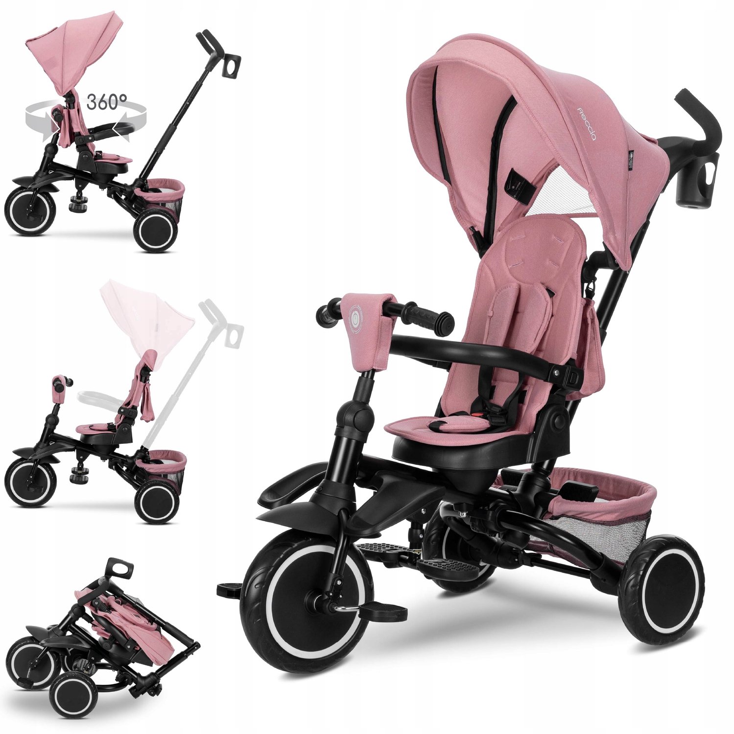 merkloos 5 in 1 kinderdriewieler met duwstang en rugleuning roze